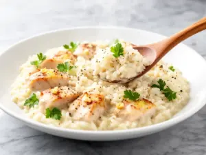 creamy garlic parmesan chicken and rice - featured image
