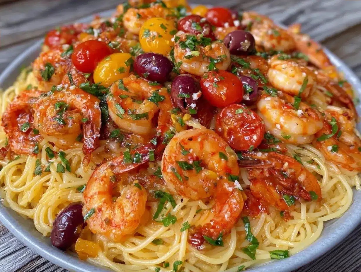 Mediterranean Shrimp Pasta: 5pm Dinner One-Pan 4 Mediterranean Shrimp Pasta preparation steps