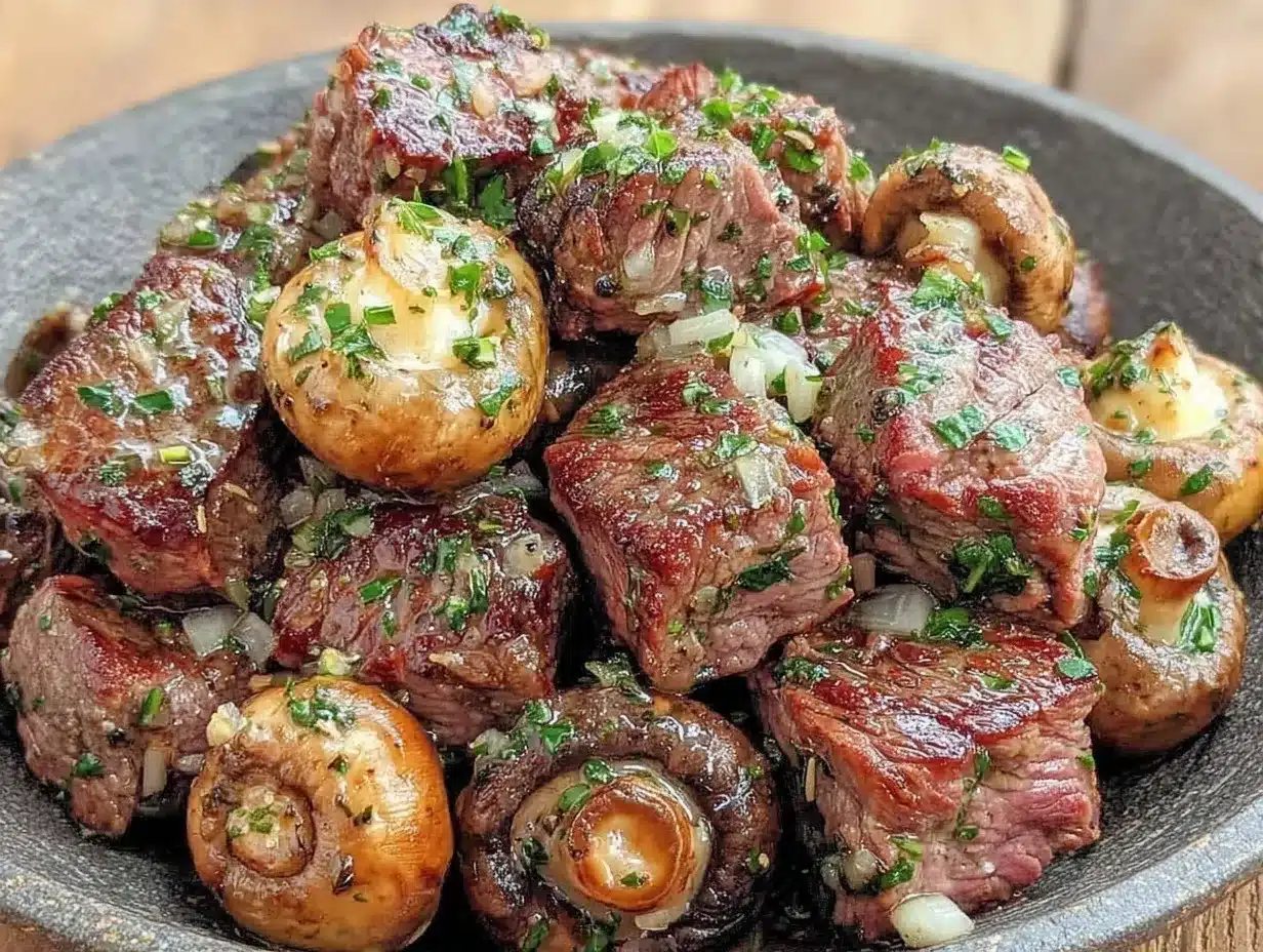Paleo Garlic Butter Steak Bites: Seasonal Herb Mushrooms 4 paleo garlic butter steak bites preparation steps